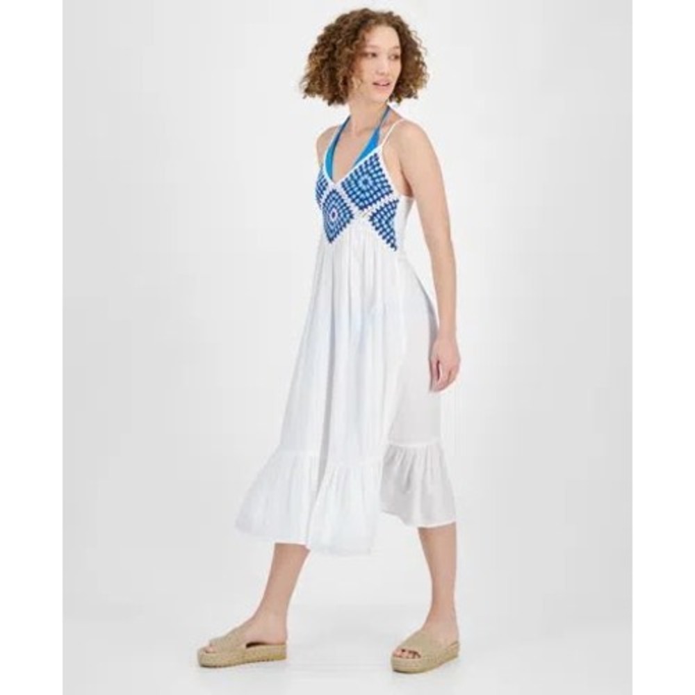 Raviya Crochet Bodice Midi Dress White Blue Granny‎ Square Smocked Back NWT